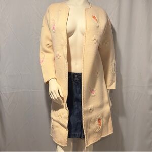 60s Ivory 1Wool Long Cardigan Sweater  Embroidered Pastel Paisley Floral Size Sm